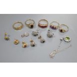 Mixed jewellery including an 18ct gold and three stone diamond ring, gross 3 grams, four 9ct gold