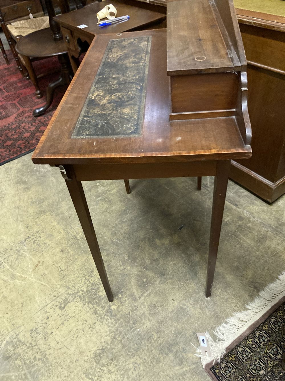 An Edwardian satinwood banded mahogany writing table, width 76cm depth 42cm height 93cm - Image 3 of 3