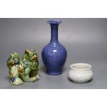 A Chinese powder blue vase, 23cm, Chinese crackleware bowl, 10cm diameter and an earthenware