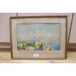 Vajit Armagan, watercolour, View of Constantinople across the Bosphorus, signed, 24 x 39cm