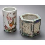 A Chinese enamelled porcelain spill vase, 12cm, and an hexagonal Chinese porcelain vase, 10cm