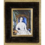 Victorian School, oil on ivory, Miniature of a seated lady, 14 x 10cm, cracked