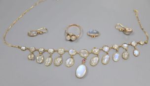 A yellow metal and moonstone set drop necklace(a.f.), a 9ct gold two stone moonstone crossover ring,