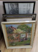 A group of assorted paintings and prints including a watercolour beach scene by Petley Jones