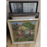 A group of assorted paintings and prints including a watercolour beach scene by Petley Jones