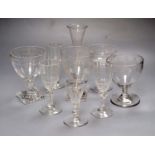 A group of four mid 19th century glass rummers, various cut glass champagne flutes etc.CONDITION: