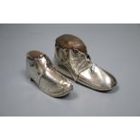 Two early 20th century novelty silver mounted pin cushions, modelled as shoes, Levy & Salaman,