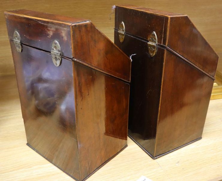 A pair of George III inlaid mahogany knife boxes with original interiors and Old Sheffield plate - Image 3 of 3