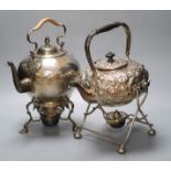 Two Victorian silver plated tea kettles each on burner stands, 34cm high