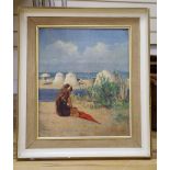 F. Jillanelli, oil on board, Girl seated on a beach, signed, 40 x 34cm