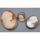 A 9ct gold and oval cameo shell ring, size N, gross 5.8 grams, a 9ct gold mounted cameo brooch,