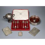 Mixed silver including cased set of six teaspoons, card case, aide memoir, vesta, Irish trophy cup