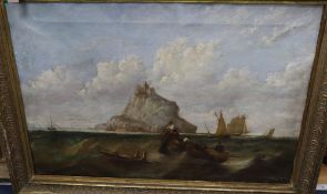 After Copley Fielding, oil on canvas, Fishing boats before St Michael's Mount, 75 x 113cm