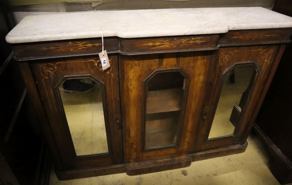 A late Victorian walnut marble top breakfront side cabinet, width 120cm depth 32cm height 84cm