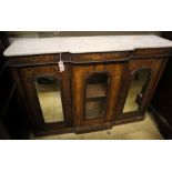 A late Victorian walnut marble top breakfront side cabinet, width 120cm depth 32cm height 84cm