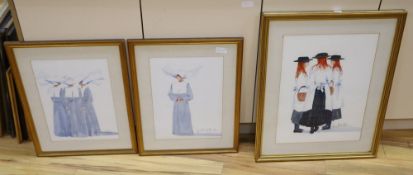 Judith Caulfield Walshe, three watercolours, Breton Nuns and Market girls, signed, largest 55 x