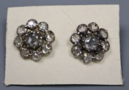 A pair of early 19th century white and yellow metal, old round cut diamond cluster set earrings (