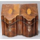 A pair of George III inlaid mahogany knife boxes with original interiors and Old Sheffield plate