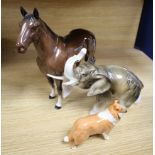 A Beswick porcelain racehorse The Winner, a Beswick collie and a Royal Dux elephant, largest 24 x