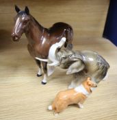 A Beswick porcelain racehorse The Winner, a Beswick collie and a Royal Dux elephant, largest 24 x