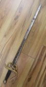 An officer's sword with cast hilt and etched, 61cm double-edged blade