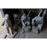 Three composition gargoyle garden ornaments and a reconstituted stone garden ornament, tallest 60cm