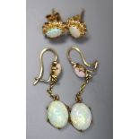 A pair of yellow metal and two stone oval white opal drop earrings, 32mm, gross 2.5 grams, and a