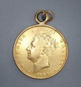 A George IV 1827 gold sovereign, now with pendant mount, gross 8.1 grams.