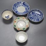 Three Chinese saucers, Chinese tea bowl, 18th century English tea bowl, largest 14cmCONDITION: