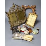 Miscellaneous items including pine frame, mini easel, two brass frames, eight silver plated fish