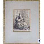 An Old Master style pencil study of a seated woman, 13 x 10cm, unframed