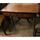 A Georgian inlaid mahogany bow front two drawer side table, width 82cm, depth 45cm, height 78cm