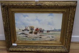 F. Vogler, oil on canvas, Shrimpers on the seashore, signed, 37 x 54cm