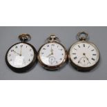 Three assorted pocket watches including silver and 800 standard.