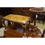 A brass mounted walnut tripod wine table and a Queen Anne style walnut low table, tripod table