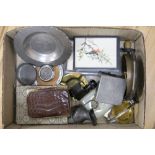 A quantity of mixed collectables to include three pieces of pewter marked 'JHG', an Audax monocular,