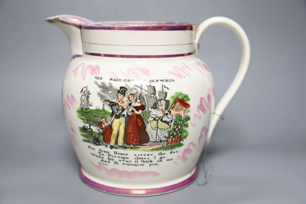 Three Sunderland pink lustre Pearlware jugs and a Sunderland Bridge creamware mug, tallest - Image 5 of 6