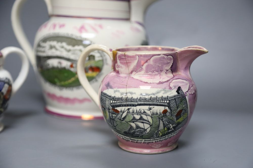 Three Sunderland pink lustre Pearlware jugs and a Sunderland Bridge creamware mug, tallest - Image 3 of 6