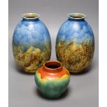 A pair of Crown Ducal mottled vases, height 20cm and a Belgian vase, all with abstract glaze