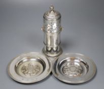 A silver sugar caster, William Comyns, London 1929 and a pair of silver presentation Tudor rose