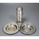 A silver sugar caster, William Comyns, London 1929 and a pair of silver presentation Tudor rose