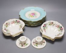 Set of six Royal Crown Derby porcelain dishes signed Garnett, six Wedgwood scallop shell dishes