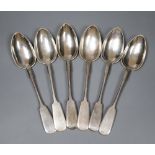 A set of six early 20th century Russian 84 zolotnik fiddle pattern table spoons, 20.8cm, 11.5oz.