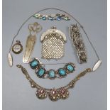 Assorted white metal and other jewellery, etc, including 800 bookmark.