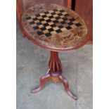 A Victorian inlaid walnut oval tripod games table, width 60cm depth 41cm height 71cm