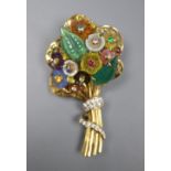 A modern Italian Santagostino 750 and multi gem set stylised flower bouquet brooch, 55mm, gross 18.5