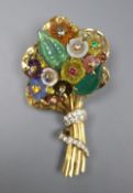 A modern Italian Santagostino 750 and multi gem set stylised flower bouquet brooch, 55mm, gross 18.5