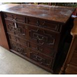 An 18th century oak geometric moulded two part chest of drawers, width 101cm depth 60cm height 91cm