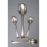 An 18th century Jersey silver table spoons, maker's mark for Pierre Amiraux, 19.5cm and three 18th