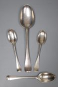 An 18th century Jersey silver table spoons, maker's mark for Pierre Amiraux, 19.5cm and three 18th